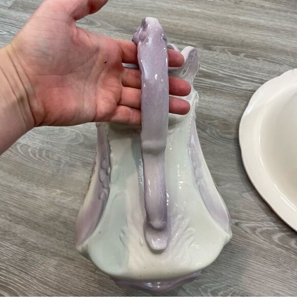 1960s Victorian Ironstone Green Hand Painted Pitcher Basin Set 2 Pieces USA made - Picture 5 of 12